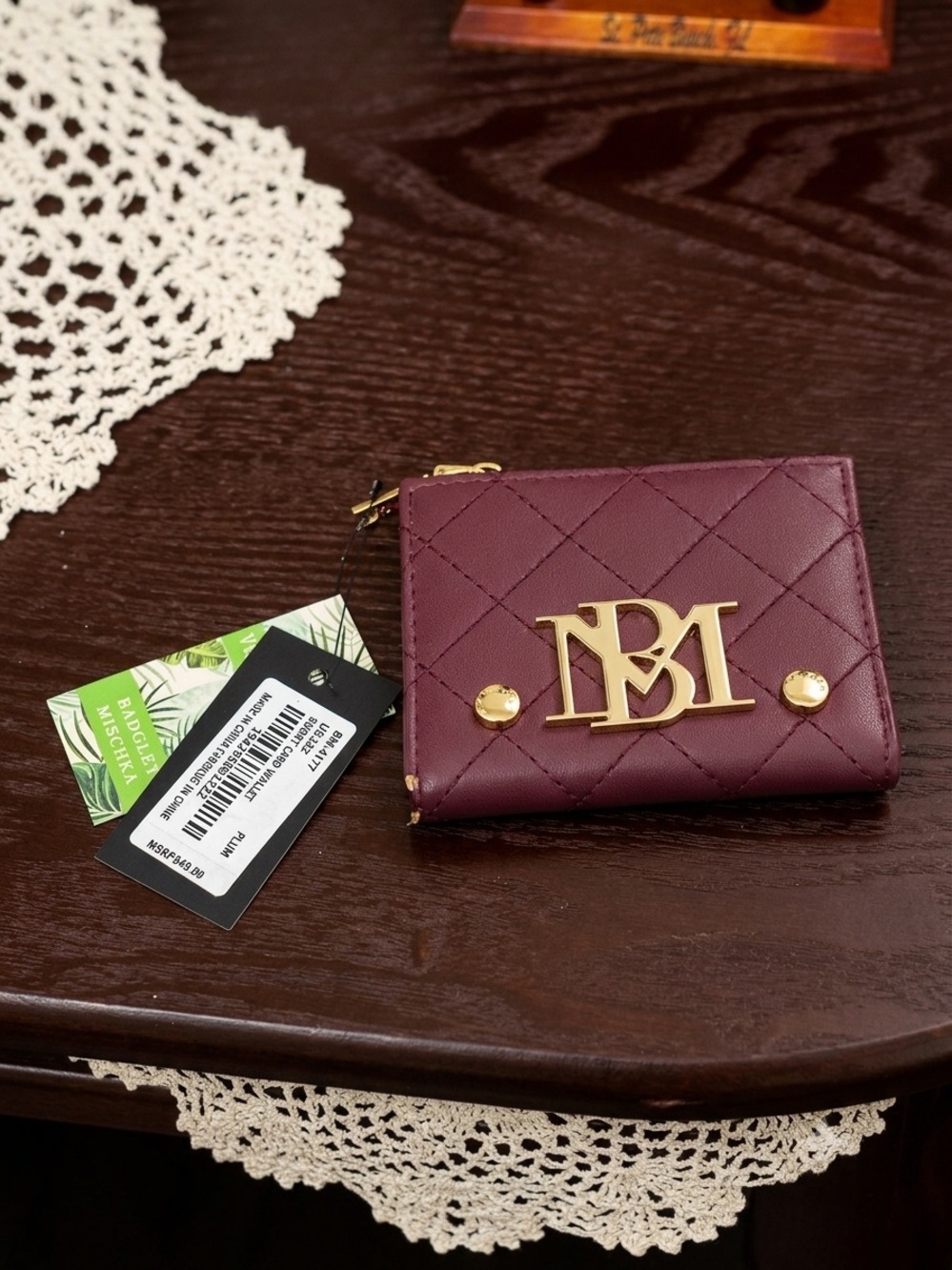 Badgley Mischka Quilted Burgundy Wallet with Gold Monogram